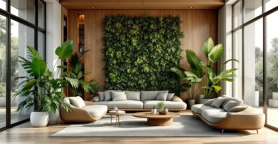 Wnętrze w stylu biophilic design - duże rośliny, naturalne drewno i światło dzienne