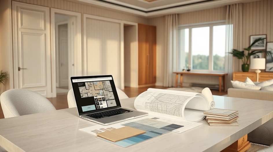 Projektantka wnętrz przeglądająca próbki materiałów i plany