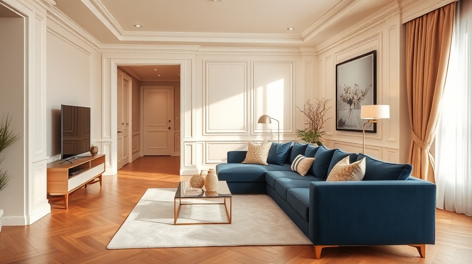 Salon z harmonijnie dobranymi kolorami — granat, złoto, beż