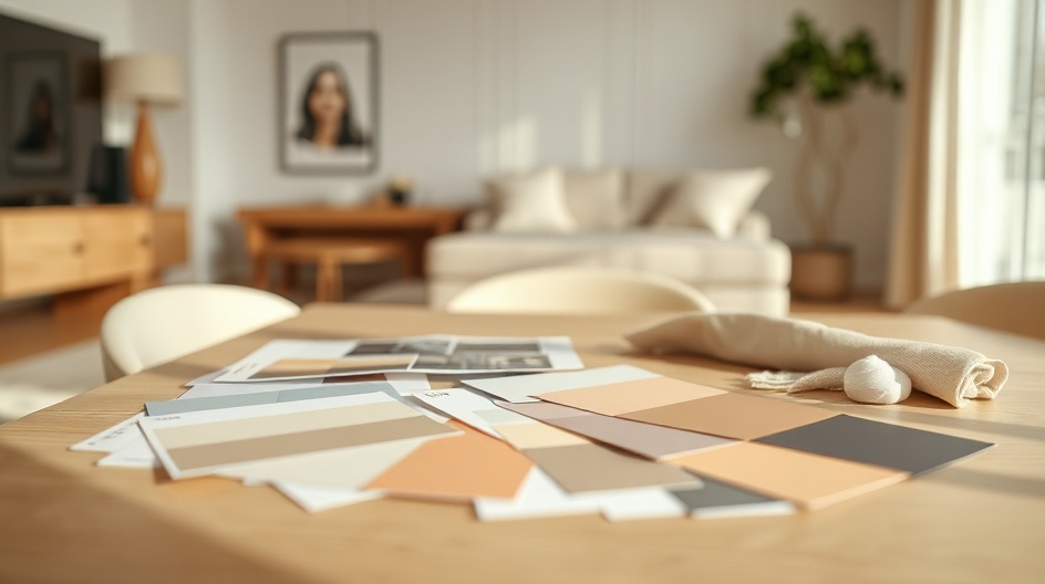 Paleta kolorów i próbki materiałów do aranżacji salonu