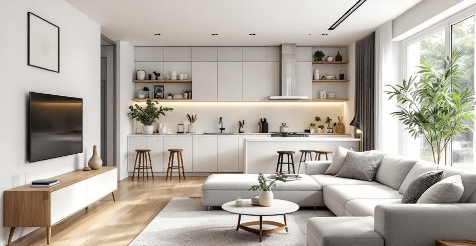 Aranżacja mieszkania 50m² - jasny salon z aneksem kuchennym