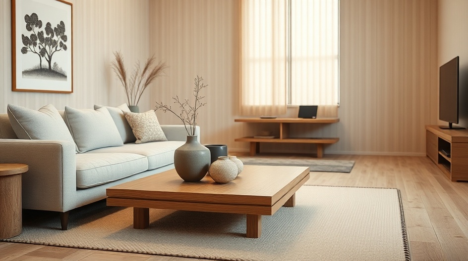 Salon w stylu japandi — naturalne drewno i minimalizm