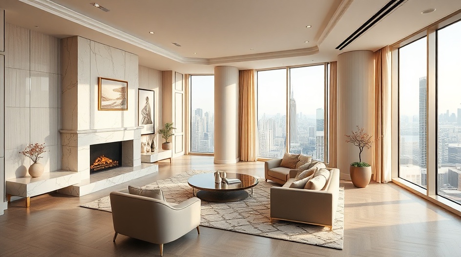 Luksusowy salon z kominkiem i widokiem na miasto