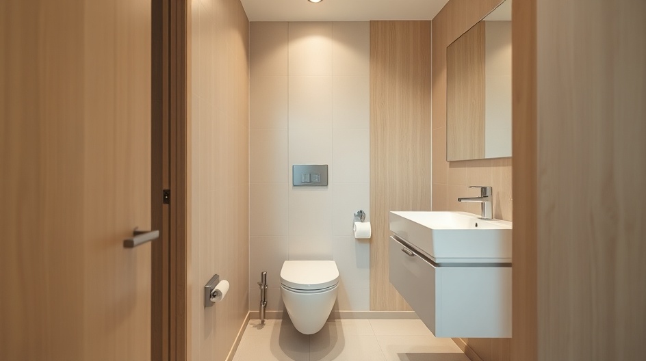 Mała łazienka z podwieszaną ceramiką i dużym lustrem