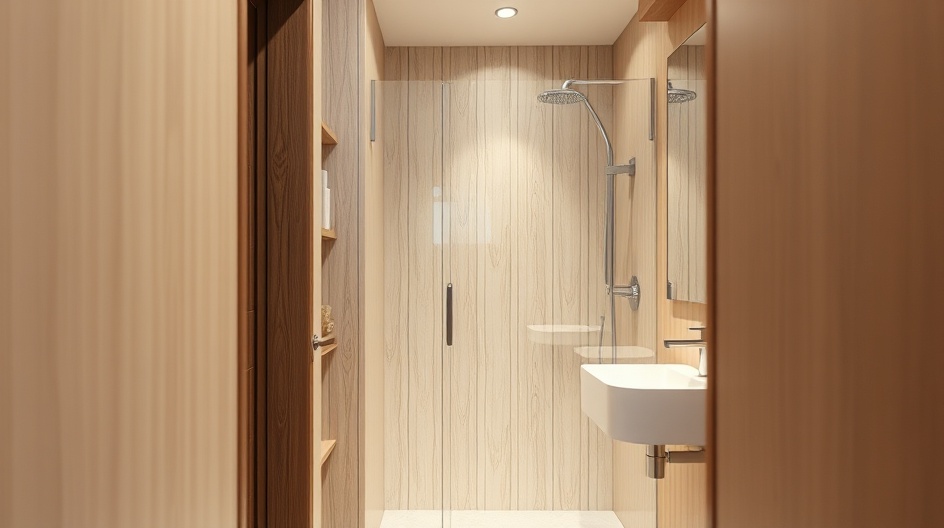 Wąska łazienka z prysznicem i wnęką na kosmetyki