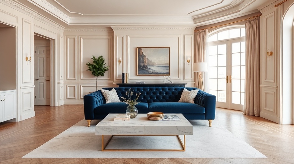 Salon modern classic z aksamitną sofą i marmurowym stolikiem