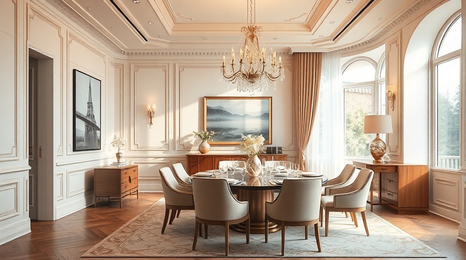 Jadalnia w stylu modern classic z kryształowym żyrandolem