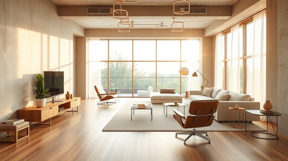 Wnętrze modernistyczne z betonowymi ścianami i meblami mid-century