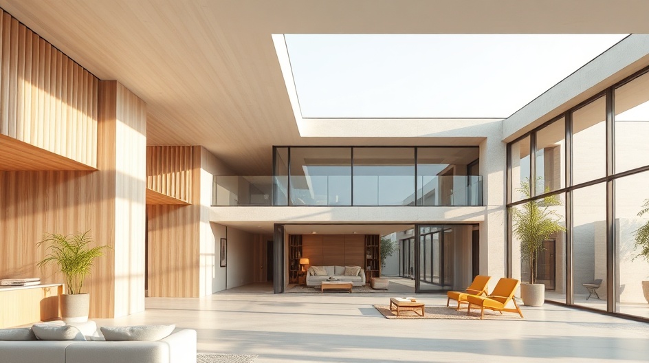 Modernistyczny budynek z płaskim dachem i geometryczną formą