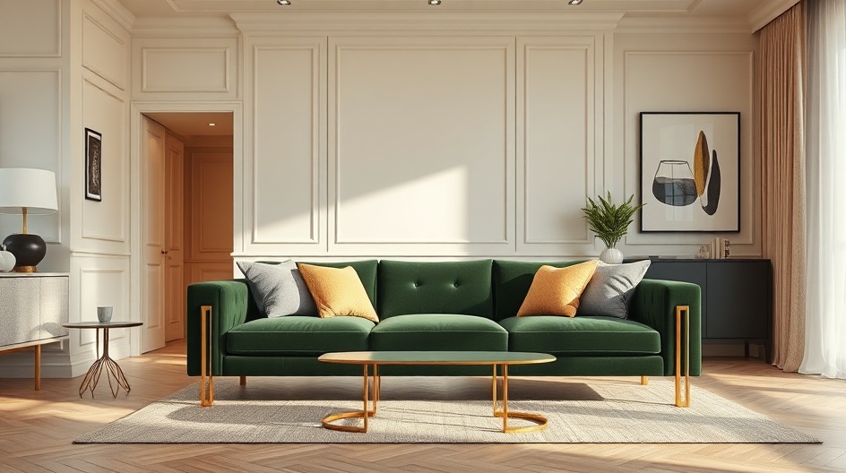 Aksamitna kanapa w kolorze butelkowej zieleni