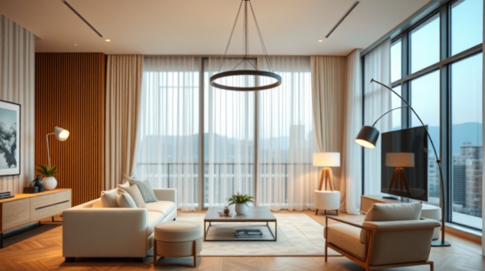 Nowoczesne lampy wiszące i podłogowa w salonie