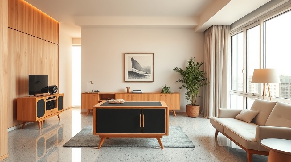 Wnętrze w stylu powojennego modernizmu z terrazzo i meblami lat 60.