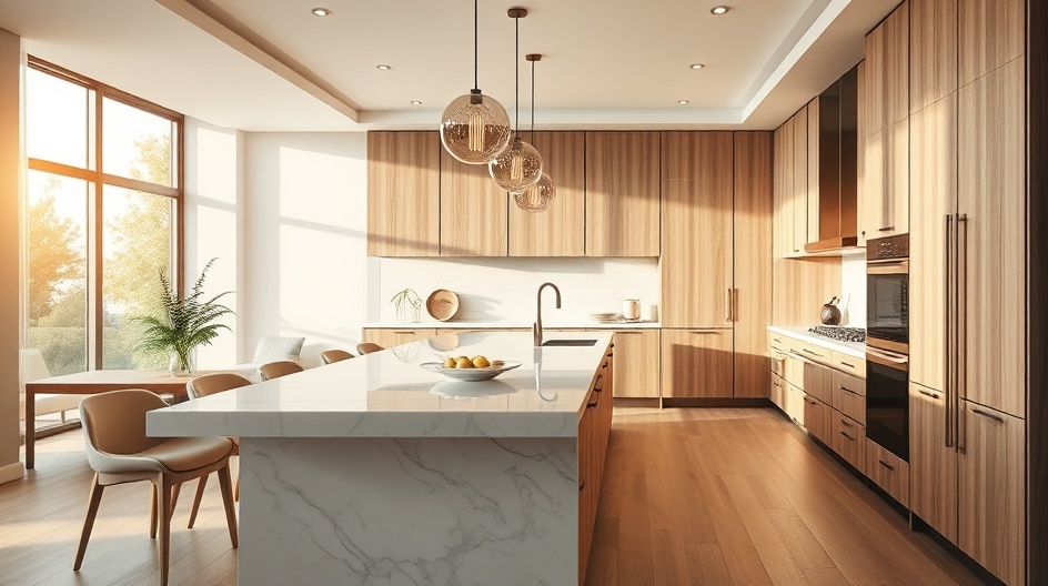 Nowoczesna kuchnia z wyspą i marmurowym blatem