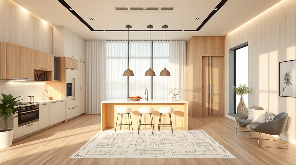 Rzut techniczny kuchni z wymiarami i układem funkcjonalnym