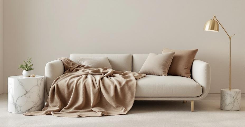 Salon w stylu Quiet Luxury - kaszmirowa sofa, marmurowy stolik i miękkie oświetlenie