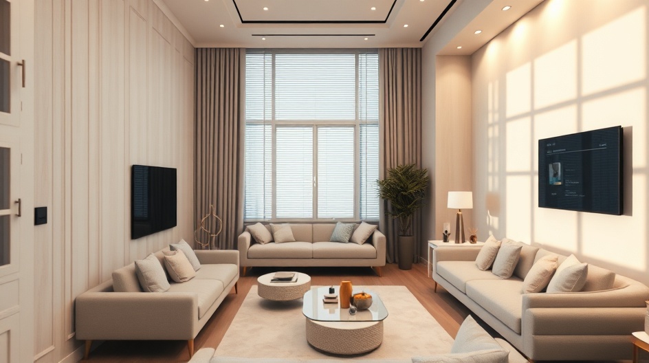 Smart home w salonie — automatyczne rolety i panel sterowania oświetleniem