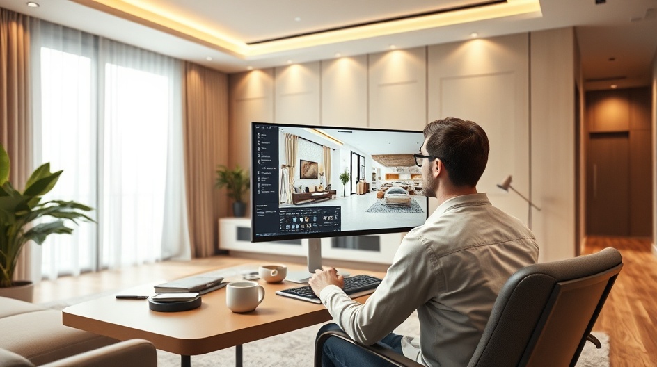 Projektant tworzący wizualizację 3D wnętrza na komputerze