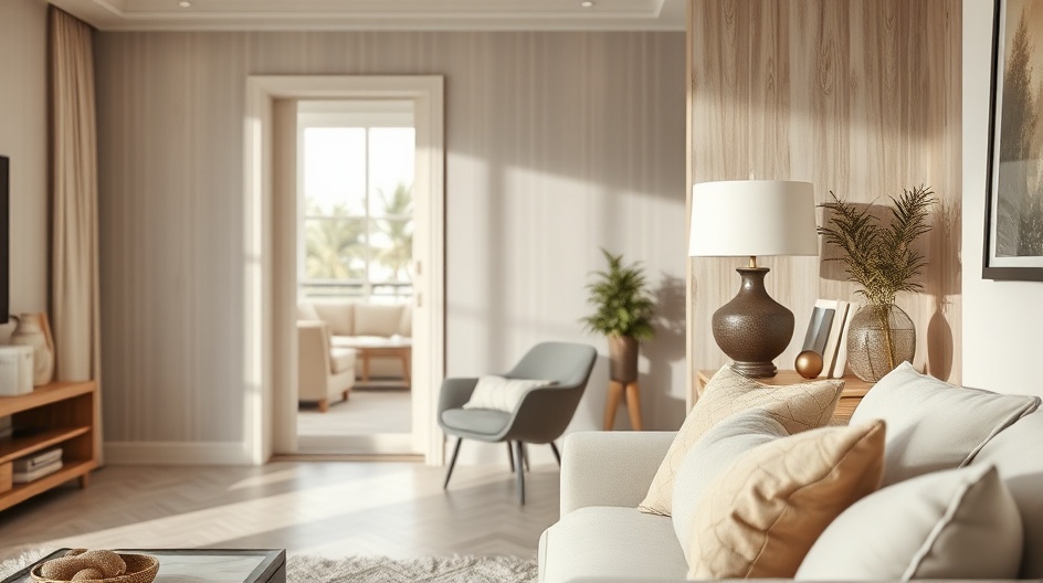 Wyposażenie salonu — lampa, dekoracje i tekstylia