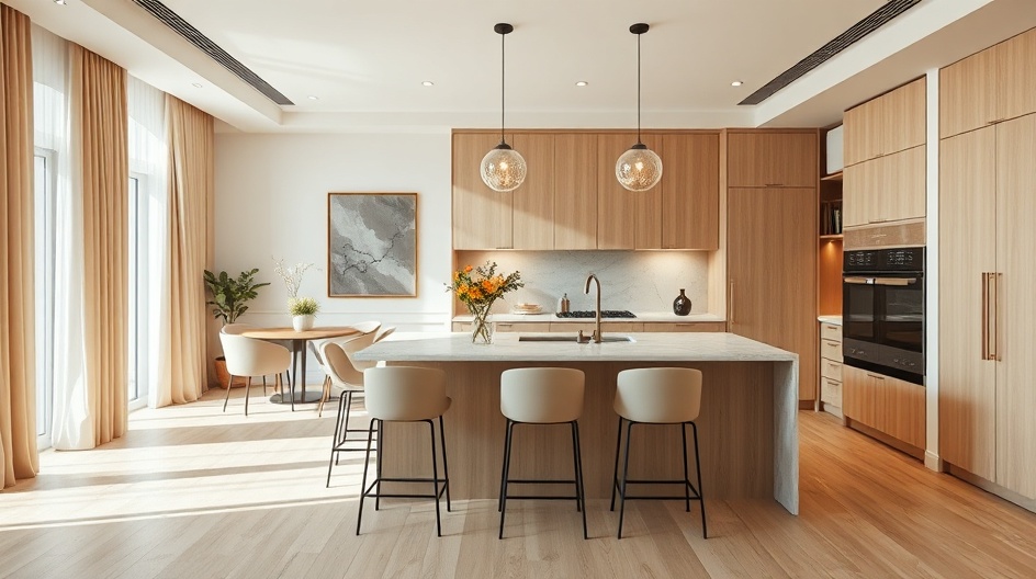 Wyspa kuchenna z hokerami i marmurowym blatem