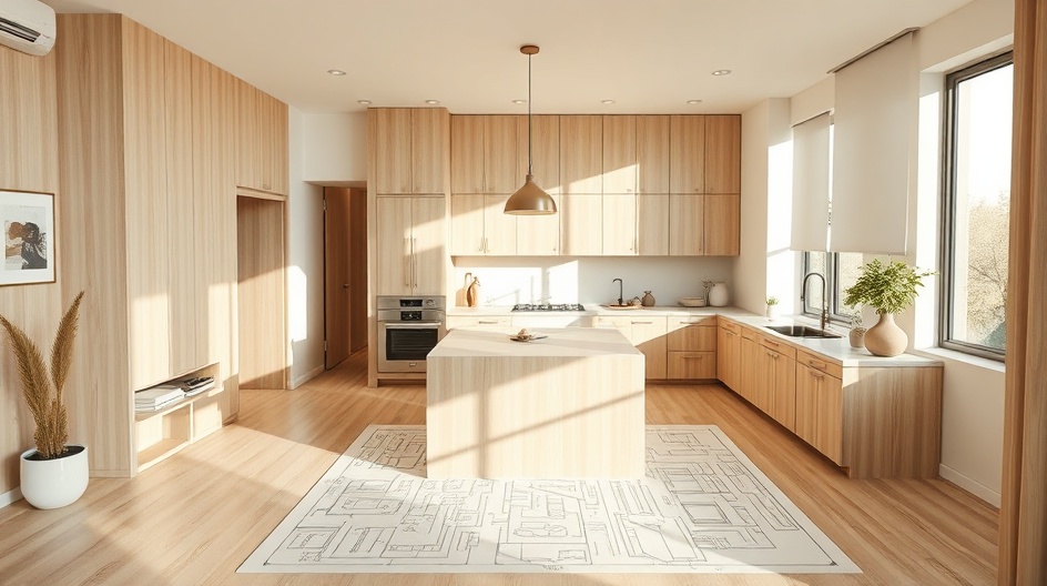 Rzut wyspy kuchennej z wymiarami i rozmieszczeniem urządzeń