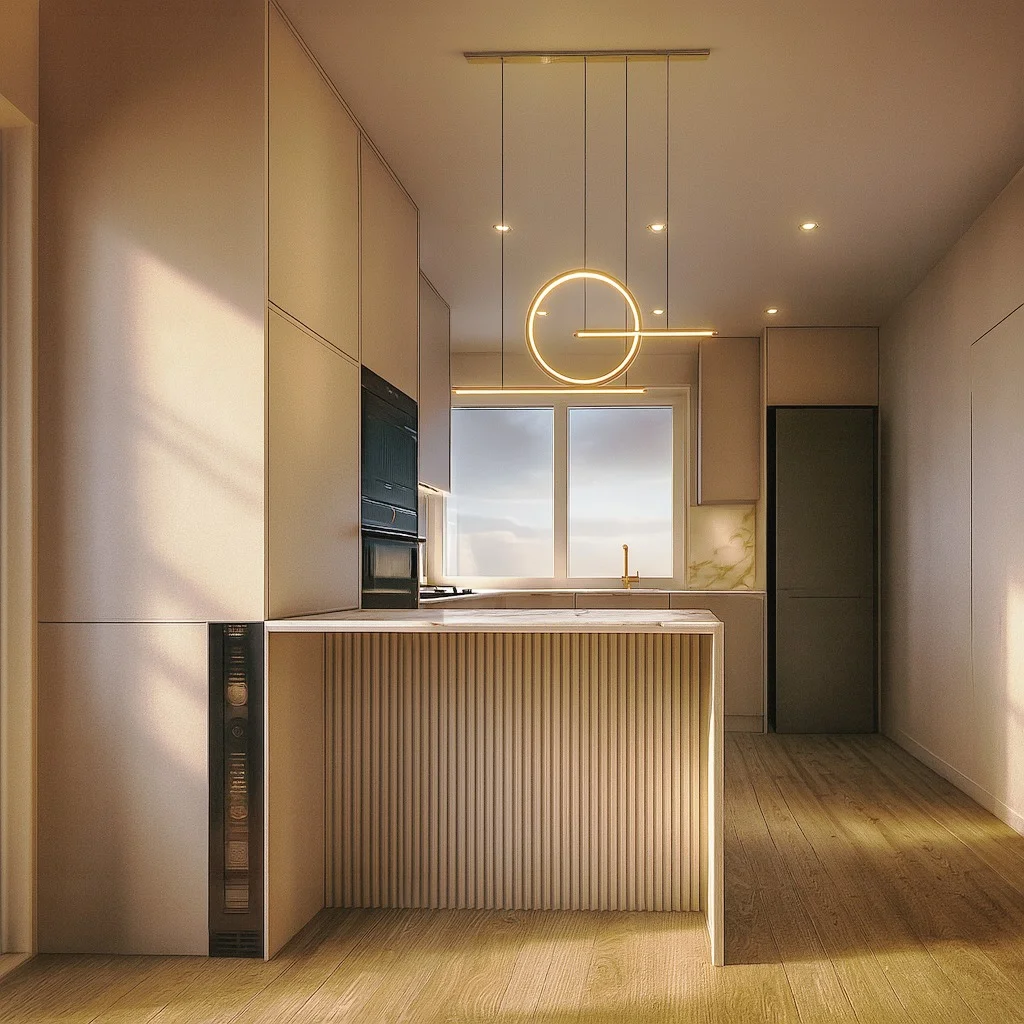 Wizualizacja 3D kuchni - widok perspektywiczny na wyspę i lampę ring - Studio Subtelności