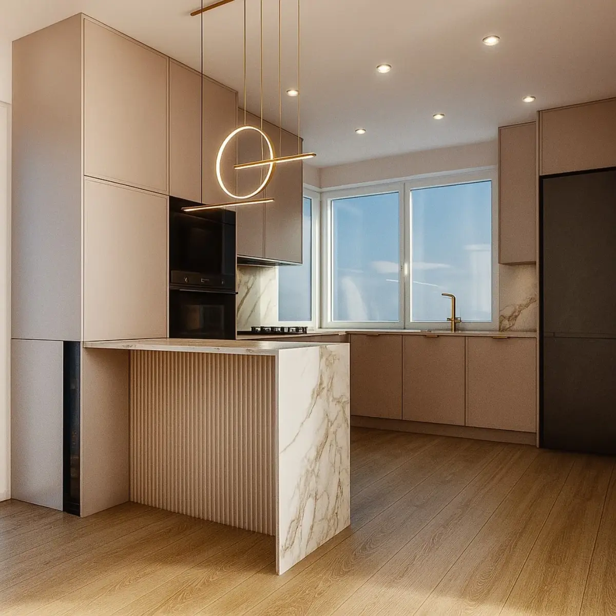 Wizualizacja 3D kuchni z wyspą ryflowaną i marmurowym blatem - projekt Studio Subtelności