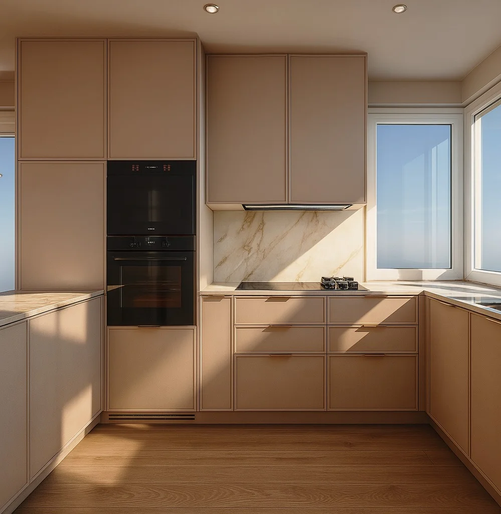 Wizualizacja 3D kuchni - zabudowa z piekarnikiem i marmurowy backsplash - Studio Subtelności