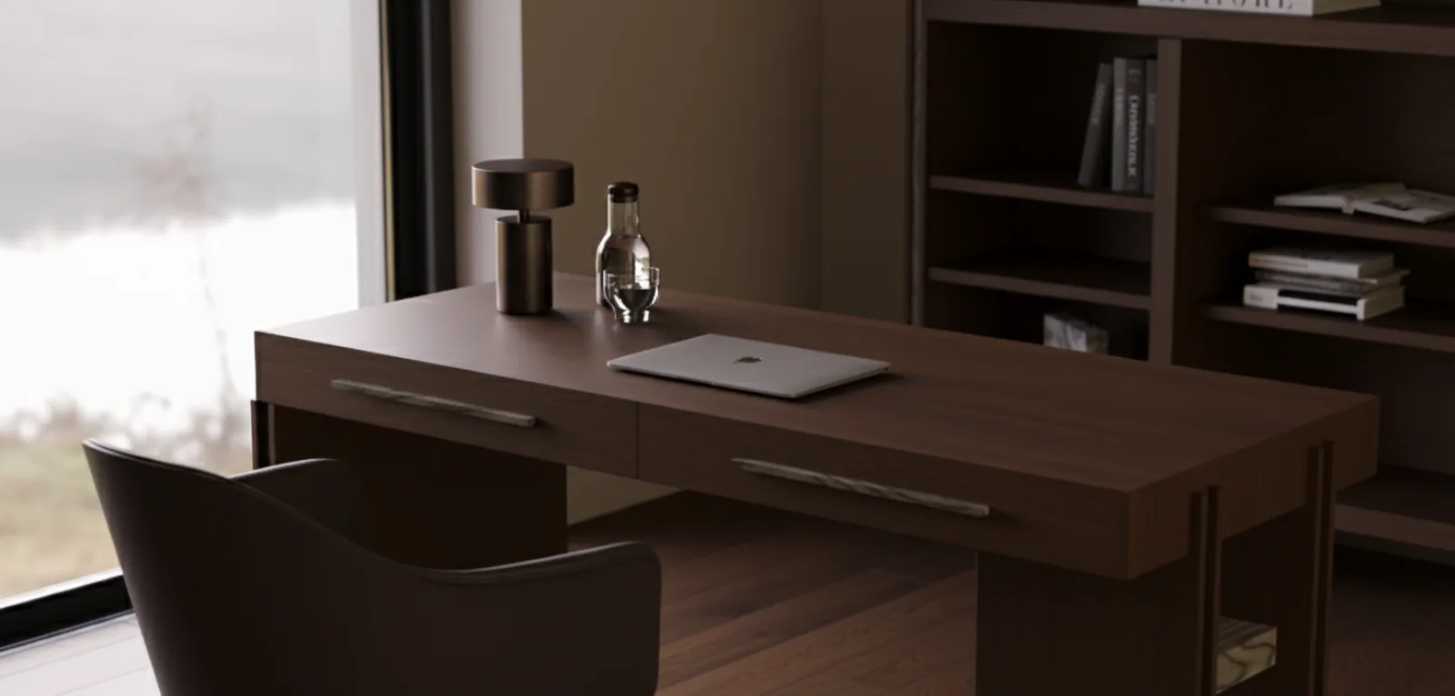 Wizualizacja 3D biura domowego - ciemny fornir orzechowy, biurko z laptopem - projekt Studio Subtelności