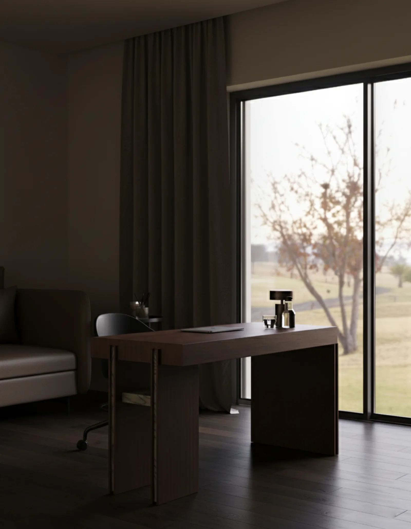 Wizualizacja 3D biura - regał z książkami i skórzany fotel obrotowy - Studio Subtelności