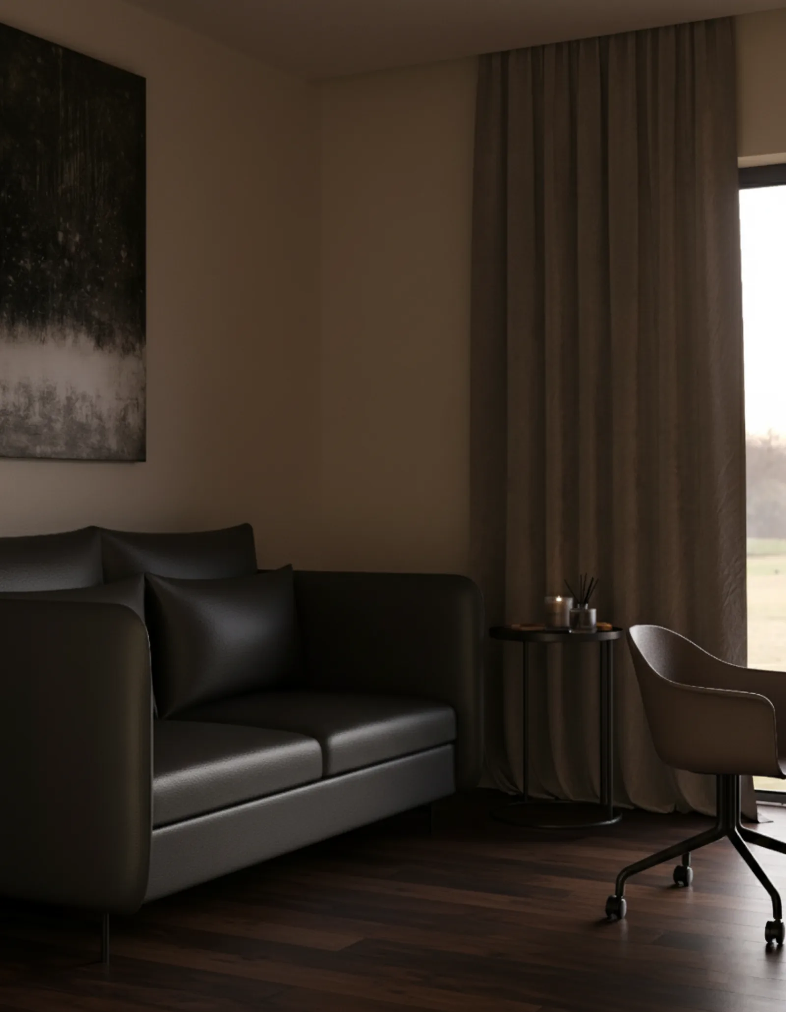 Wizualizacja 3D biura domowego - detale zabudowy w ciemnym drewnie - Studio Subtelności