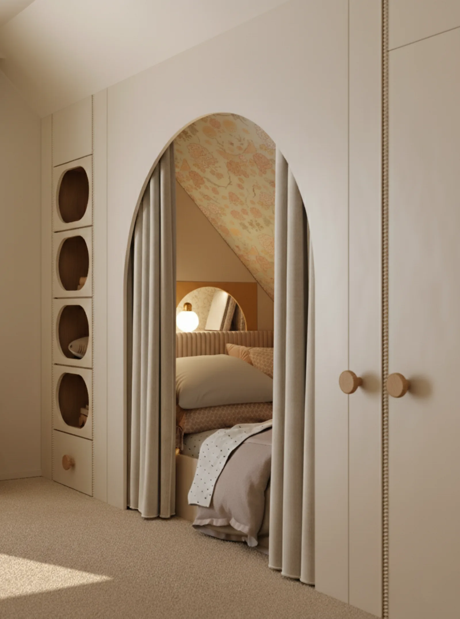 Wizualizacja 3D pokoju dziewczynki - łukowata wnęka z zasłonką lnianą i tapetą kwiatową - projekt Studio Subtelności