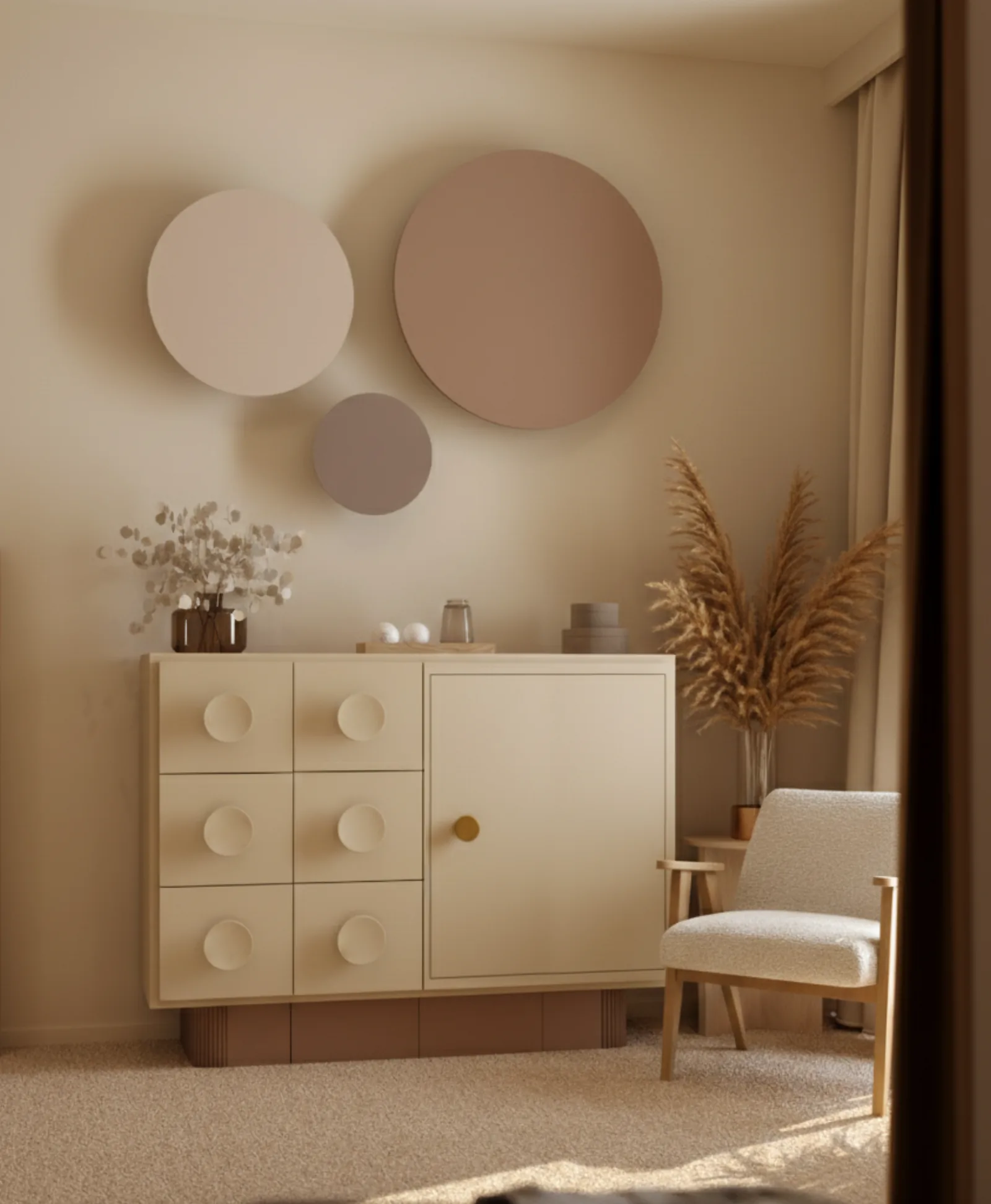 Wizualizacja 3D pokoju dziecięcego - zabudowa z okrągłymi półkami i biurko - Studio Subtelności