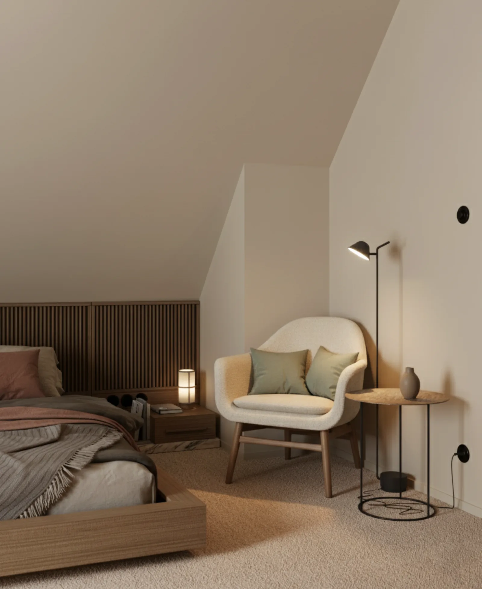 Wizualizacja 3D sypialni na poddaszu - lamele drewniane, fotel bouclé ecru - projekt Studio Subtelności