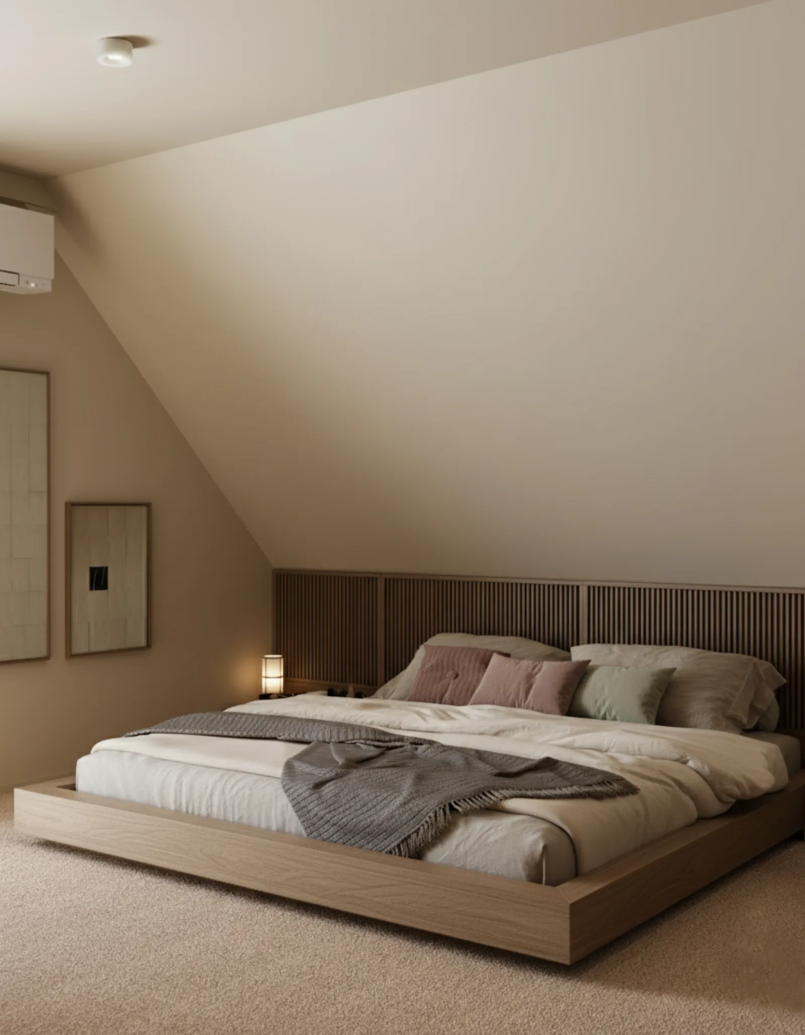 Wizualizacja 3D sypialni - kącik wypoczynkowy pod skosem z lampą podłogową - Studio Subtelności