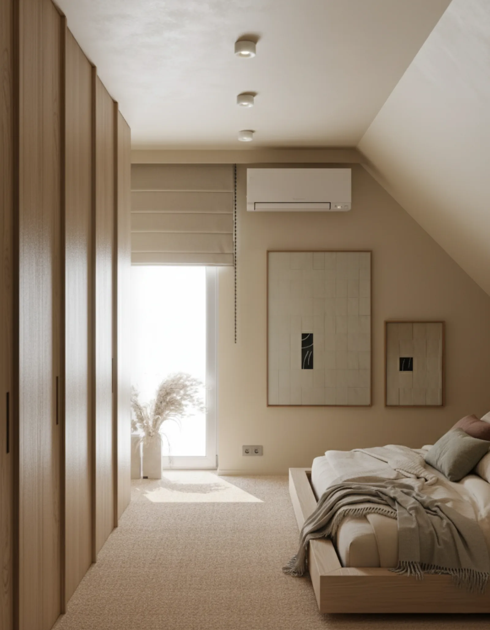 Wizualizacja 3D sypialni - widok na łóżko z pościelą lnianą i stolik nocny - Studio Subtelności