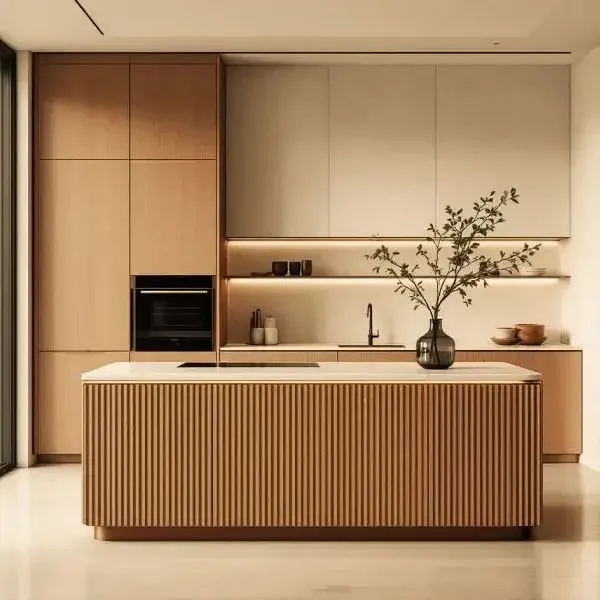 Wizualizacja 3D kuchni w stylu Japandi - wyspa ryflowana z drewna dębowego - projekt Studio Subtelności